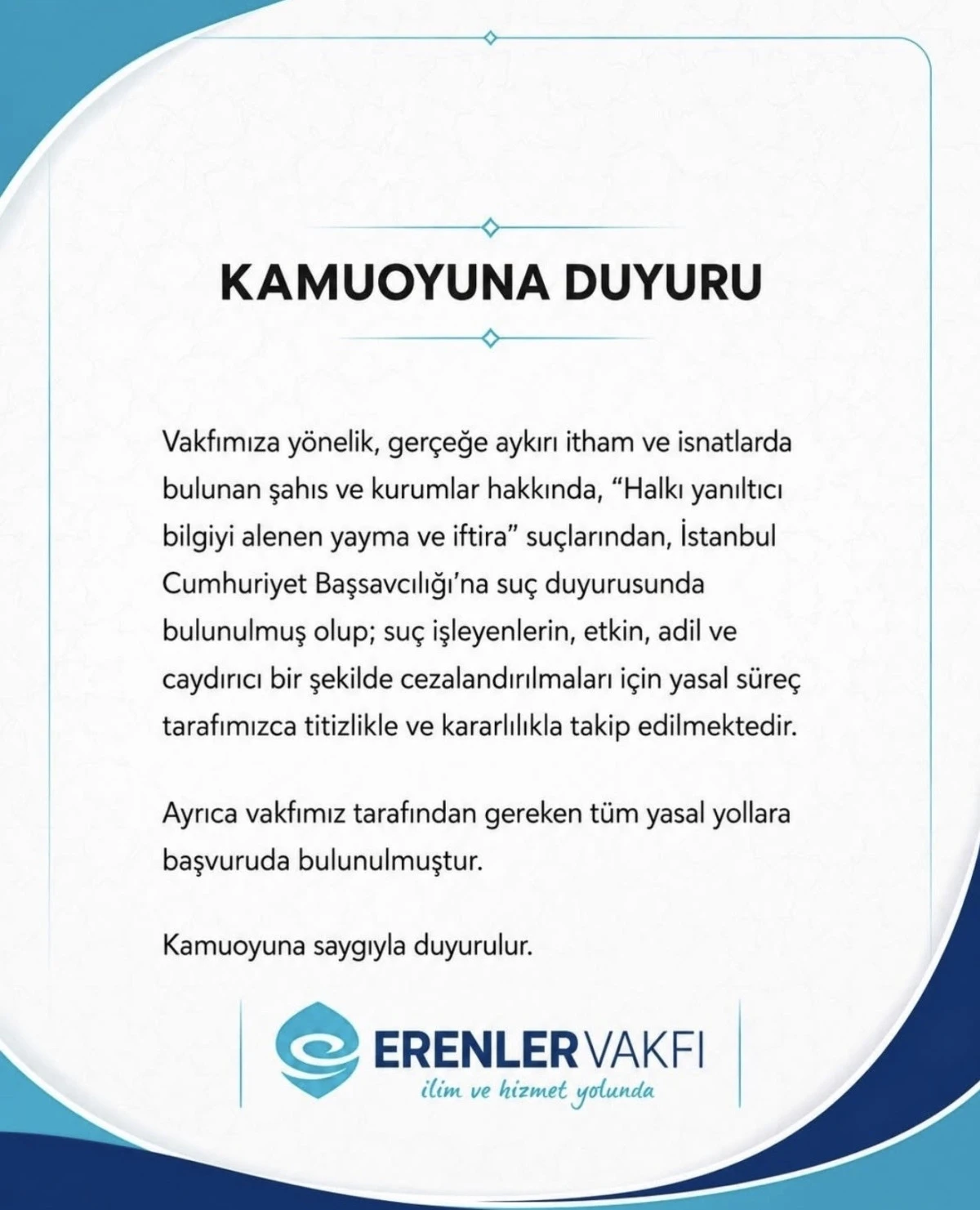 Erenler Vakfı C&uuml;bbeli Ahmet&rsquo;e su&ccedil; duyurusunda bulundu