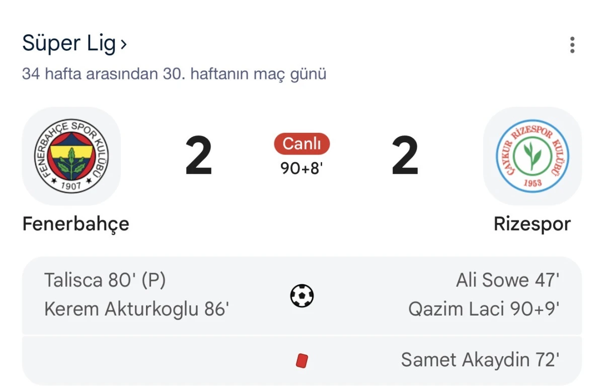 Fenerbah&ccedil;e 2-&Ccedil;aykur Rizespor Ma&ccedil; Sonucu
