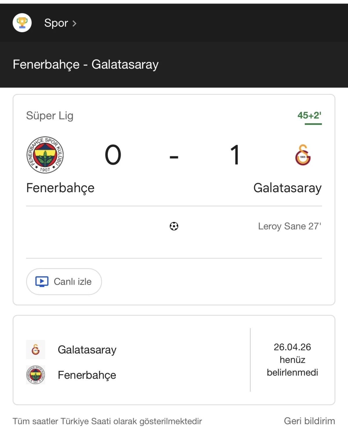Fenerbahçe 1 Galatasaray 1 Maç bitti