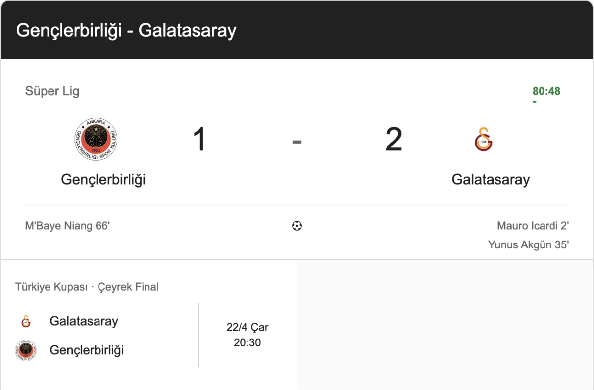 Gen&ccedil;lerbirliği 1-2 Galatasaray Ma&ccedil; Sonucu: Icardi ve Yunus Akg&uuml;n&rsquo;le Kritik Deplasman Zaferi!