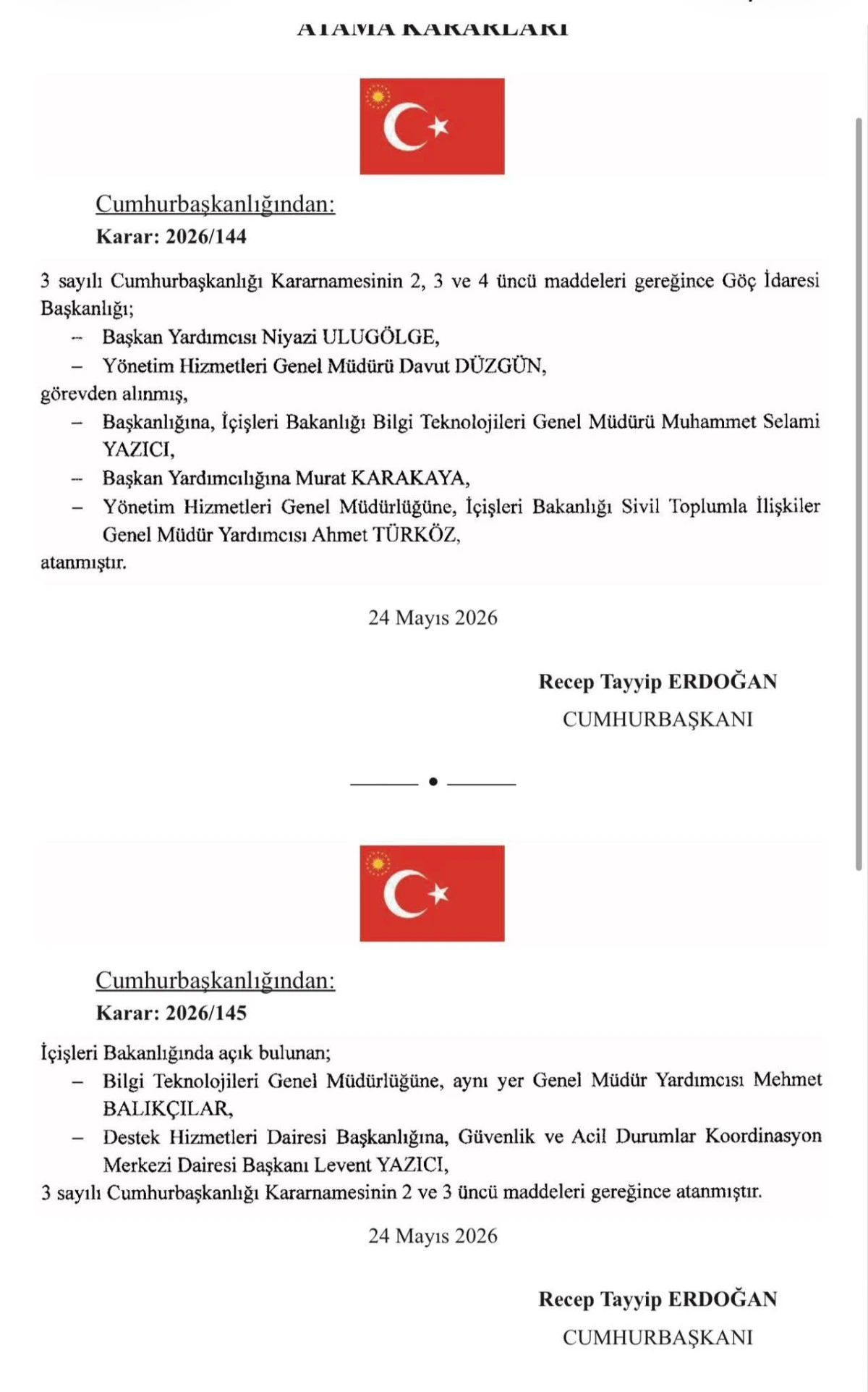 G&ouml;&ccedil; İdaresi Başkanlığına Muhammet Selami Yazıcı Atandı: İ&ccedil;işleri Bakanlığı&rsquo;nda &Uuml;st D&uuml;zey Atamalar